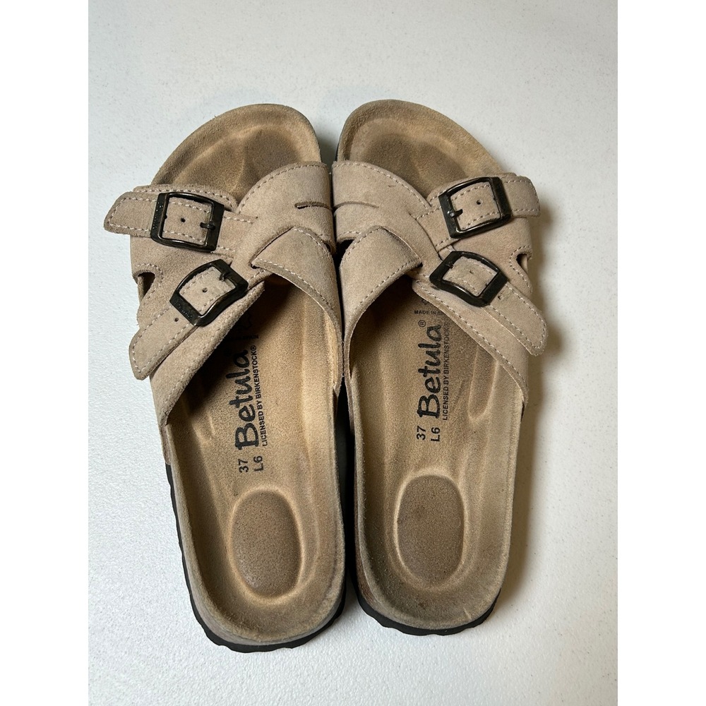 Betula by Birkenstock Sandals Women's 37 L6 Tan Suede Double Buckle Shoes 6.5